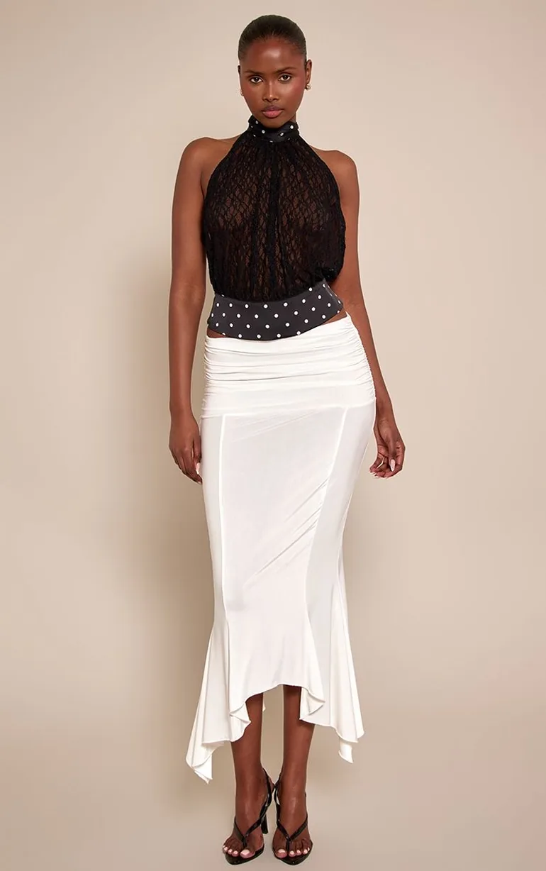 Black Lace Contrast Woven Trim Halterneck Top