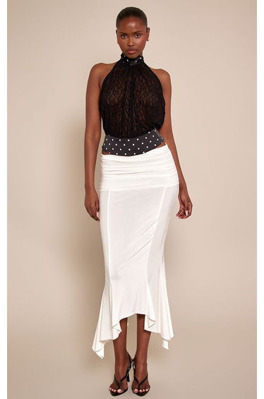 Black Lace Contrast Woven Trim Halterneck Top