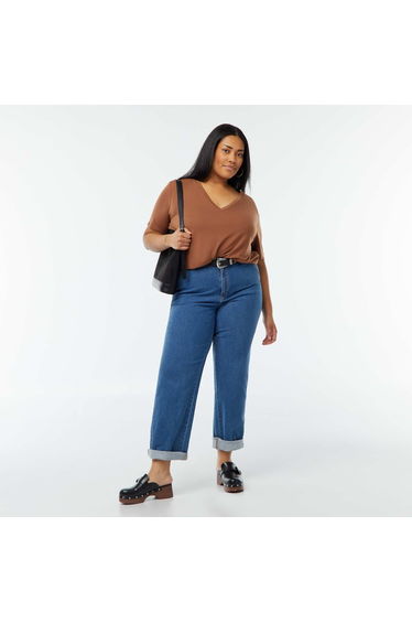 Plus Basic plain V-neck T-shirt BROWN