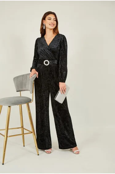 Yumi Black Velvet Long sleeve Jumpsuit With Diamante Belt