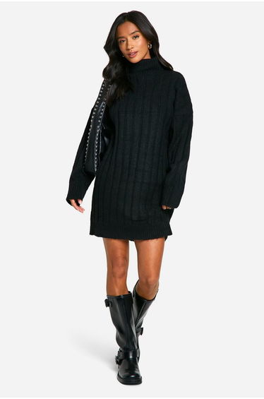 Petite Soft Rib Roll Neck Jumper Dress - black