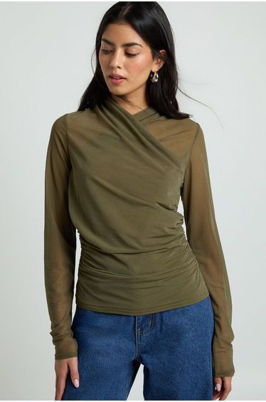 Sheer Textured Wrap Neck Long Sleeve Top - khaki