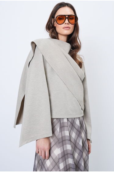 Women's Stone Grey Crew Neck Self Wrap Detail Wide Cut Design