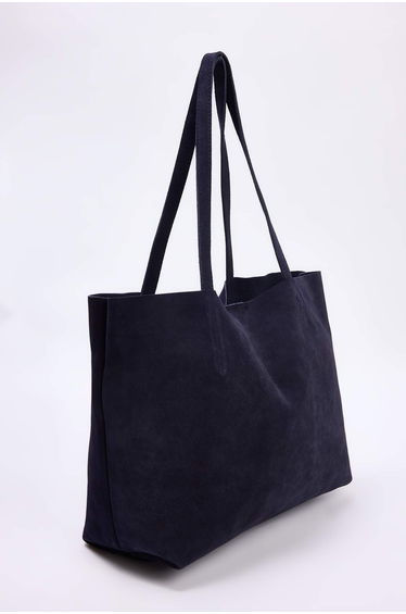 Navy Blue Premium Genuine Leather Suede Maxi Tote Women's Shoulder Bag