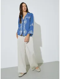 Blue Embroidered Resort Collar Cotton Shirt