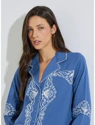 Blue Embroidered Resort Collar Cotton Shirt - 1