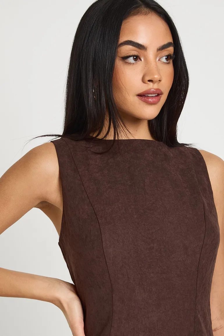 Textured Drop Hem Mini Dress - chocolate - 3