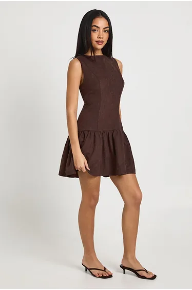 Textured Drop Hem Mini Dress - chocolate