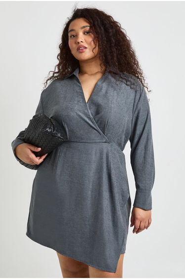 Plus Peached Collared Wrap Shirt Dress - charcoal