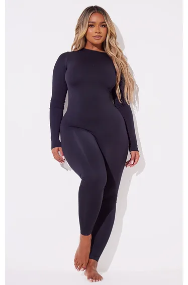 Shape Black Stretch Seamless Zip Front Long Sleeve Jumpsuit