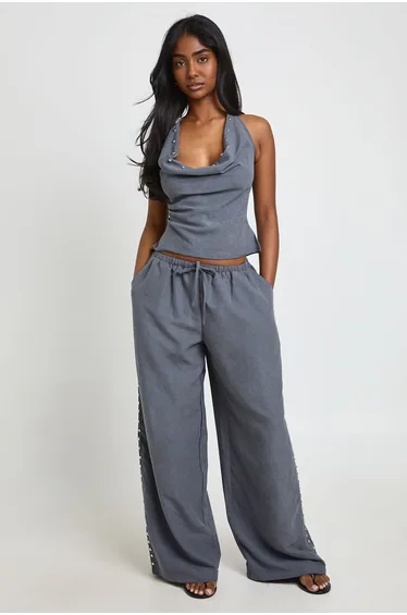 Stud Cowl Neck Trouser Co-ord - charcoal