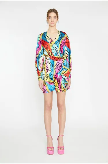 Multi-Abstract Scribble Wrap Mini-Dress