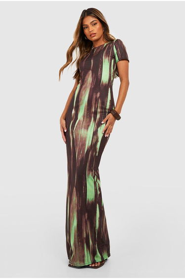 Abstract Cap Sleeve Maxi Dress - green