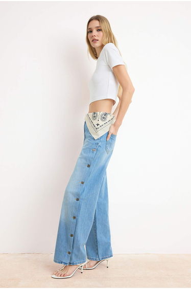 Blue Draped Button Detailed 100% Cotton High Waist Wide Leg Jeans