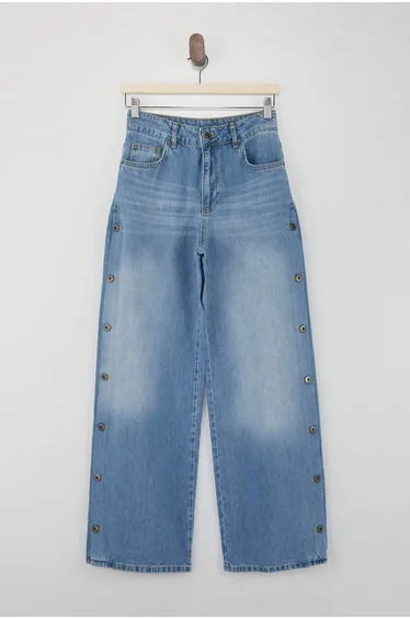 Blue Draped Button Detailed 100% Cotton High Waist Wide Leg Jeans