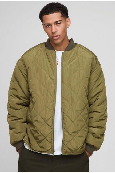 Oversized Fit Nylon Panel Borg Reversible Quilted Bomber Jacket - ecru