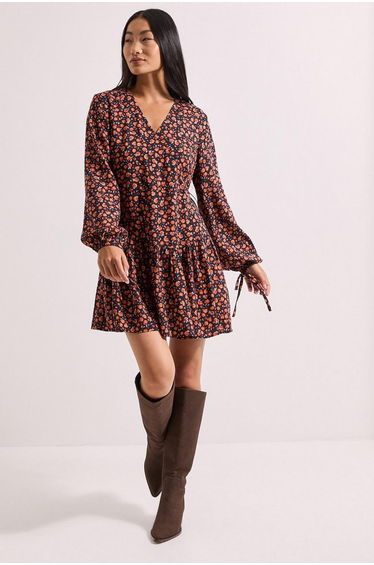 Orange Ditsy Print Dropped Seam Detail Wrap Front Mini Dress