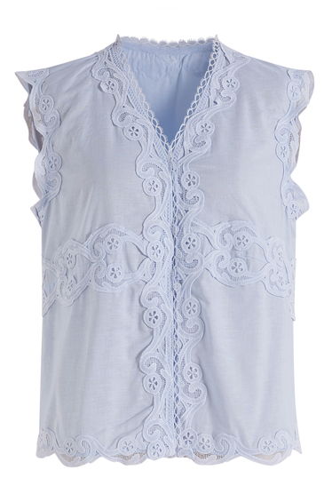 Scrollwork Floral Lace Applique Sleeveless Top in Light Blue for Coastal Trip & Cafe Meetup