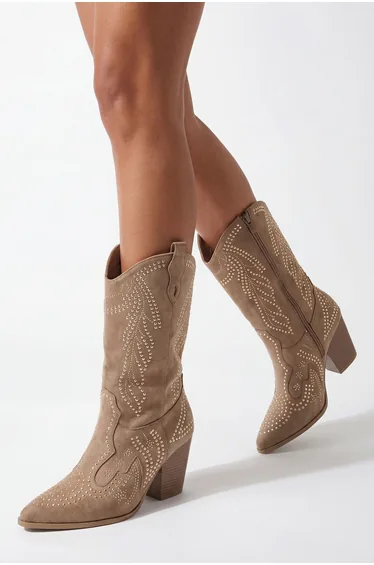 Faux Suede Stud Detail Western Boots - tan