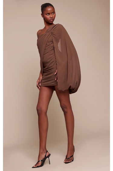 Chocolate Chiffon Ruched One Sleeve Mini Dress