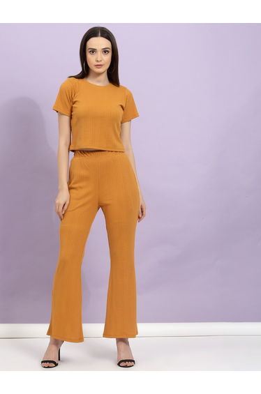 Women Textured Crop Top and Bell Bottoms Pants Co-Ords