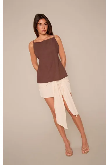 Chocolate Linen Strappy Back Detail Cami Top