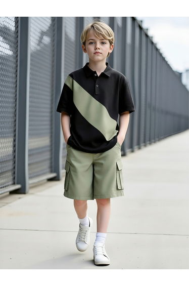 Boys Color Block Polo and Cargo Shorts Set