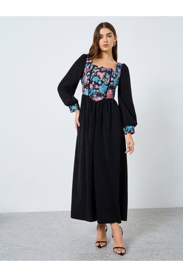 Floral Printed Square Neck Balloon Sleeve Dress