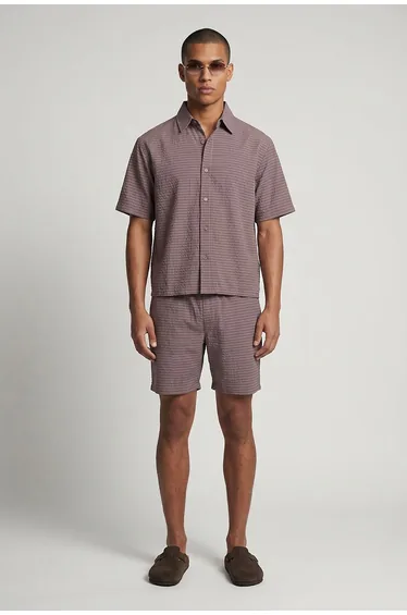 Stripe Seersucker Oversized Boxy Shirt & Relaxed Short Set - chocolate