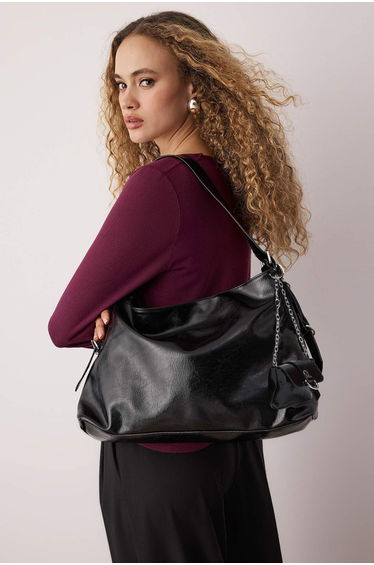 Black Wrinkled Faux Leather Belt Buckle Pouch Women's Maxi Size Shoulder Bag