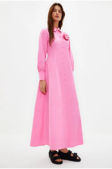 Pink Floral Detailed Woven Shirt Dress