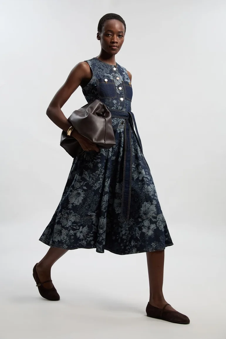 Jacquard Denim Full Skirted Midi Dress - 1