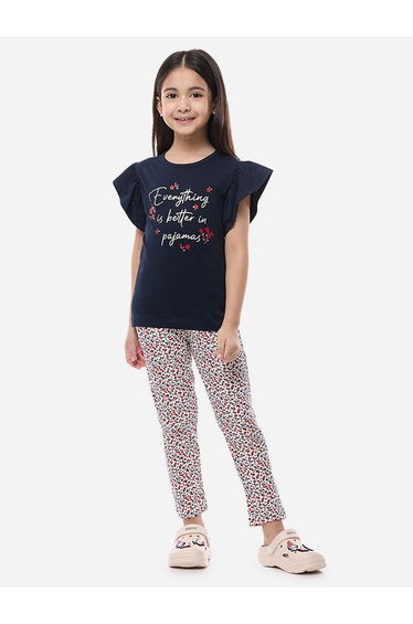 Slogan Print Ruffled Sleeve T-Shirt and Pyjama Set