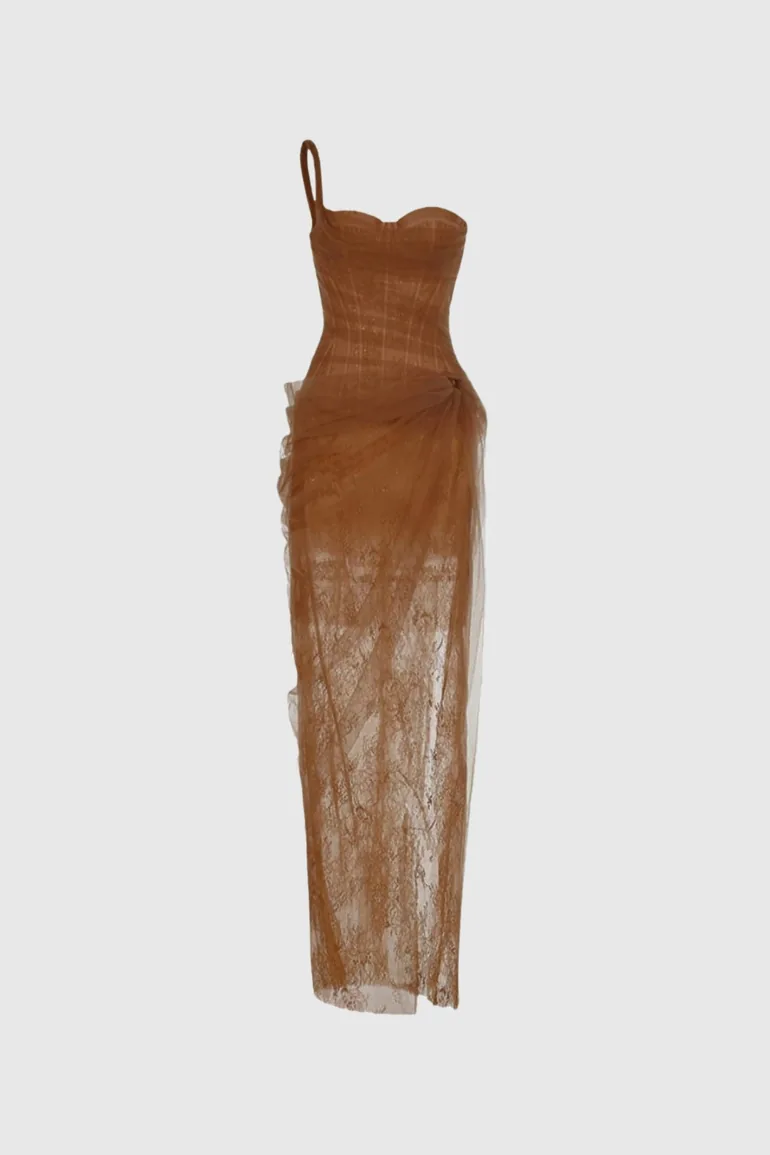 Dechen One Shoulder Corset Mesh Maxi Dress In Brown Innovare Denim Brown : Premium Dresses : VogaCloset Kuwait Dechen One Shoulder Corset Mesh Maxi Dress In Brown Innovare Denim Brown : Premium Dresses : VogaCloset Kuwait