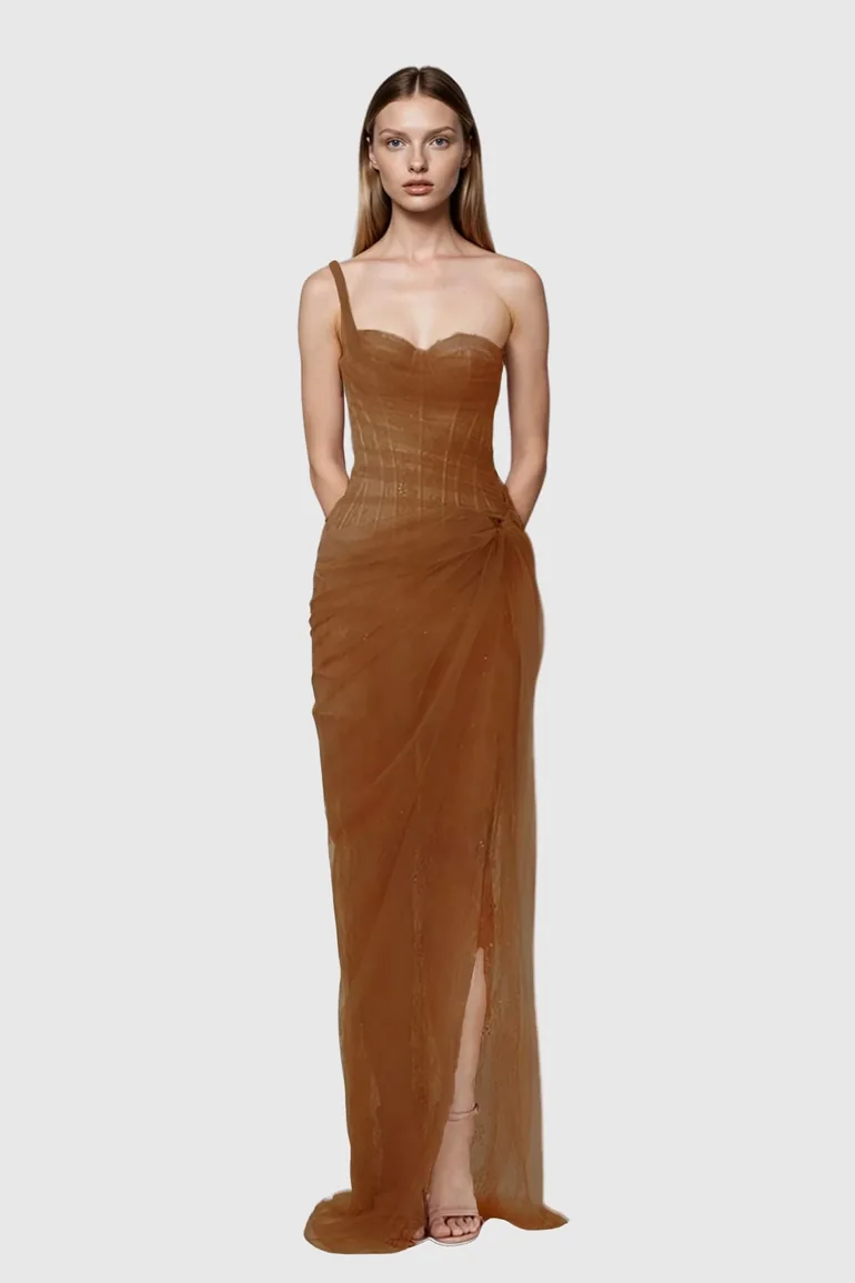 Dechen One Shoulder Corset Mesh Maxi Dress In Brown Innovare Denim Brown : Premium Dresses : VogaCloset Saudi Arabia Dechen One Shoulder Corset Mesh Maxi Dress In Brown Innovare Denim Brown : Premium Dresses : VogaCloset Saudi Arabia