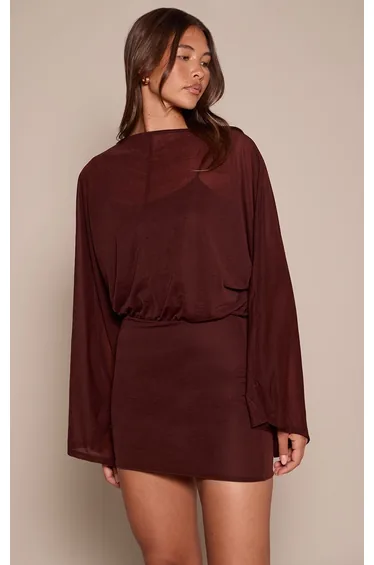 Chocolate Chiffon Overlay Long Sleeve Mini Dress