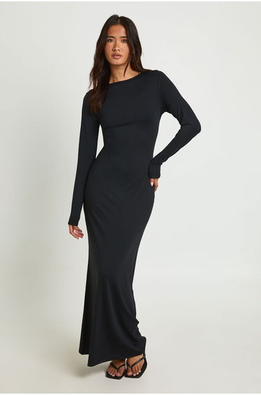 Basic Super Soft Long Sleeve Maxi Dress - black