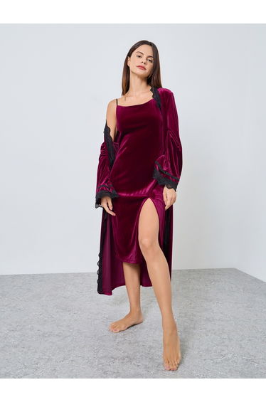 Pack of 2 - Velvet Contrast Strap Slip Dress and Lace Trim Robe
