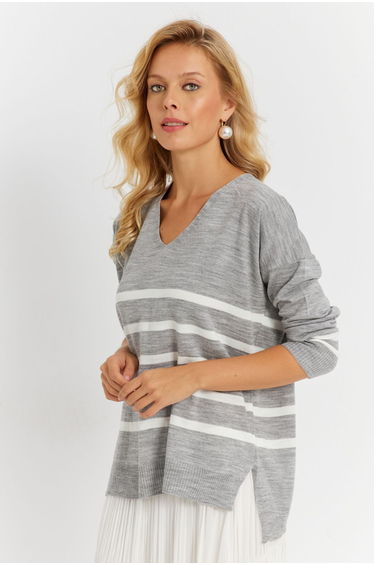 Women's Gray V Neck Striped Knitwear Sweater