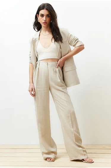 Beige Ribbed Wide Leg Cotton Linen Woven Trousers