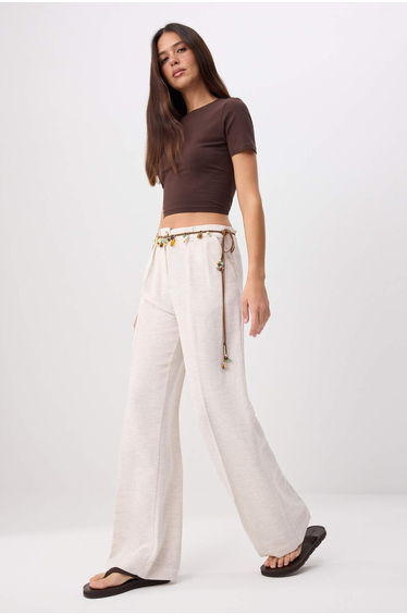 Beige Ribbed Wide Leg Cotton Linen Woven Trousers