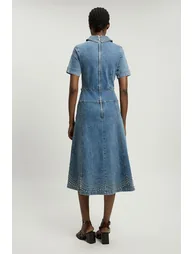 Denim Placed Studs Tie Belted Short Sleeve Full Midi Dress - 2