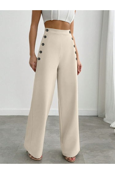 Off White Straight Leg Trousers with Button Detail