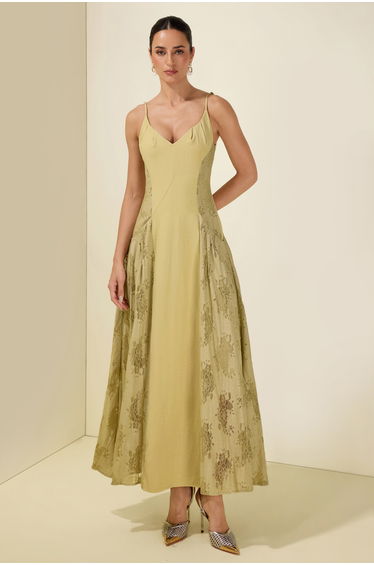 V Neck Pleat A Line Strap Slip Midi Dress