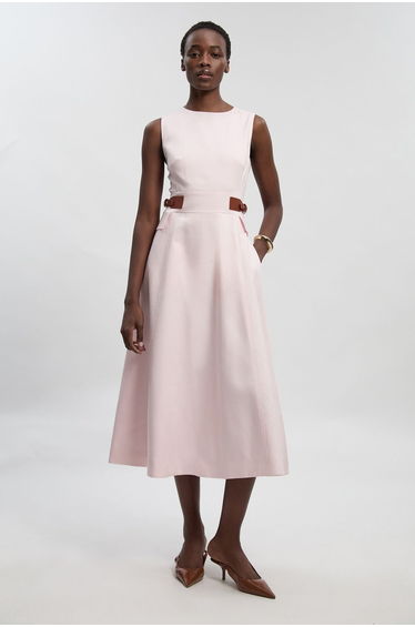Petite Tailored Linen Tab Waist Detail Full Skirt Midi Dress
