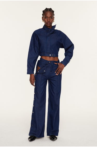 Adia Lace Up Buckle Denim Pants Set In Blue