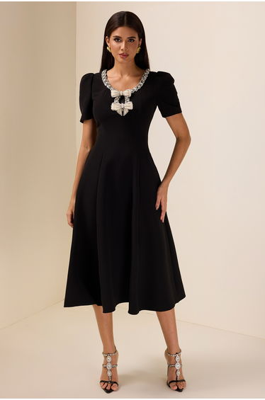 Clélia Rhinestone Midi Dress in Black