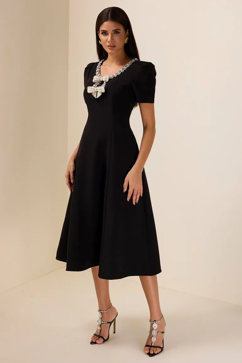 Clélia Rhinestone Midi Dress in Black - 3