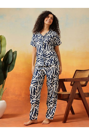 Printed Button-Down Shirt and Pyjama Set
