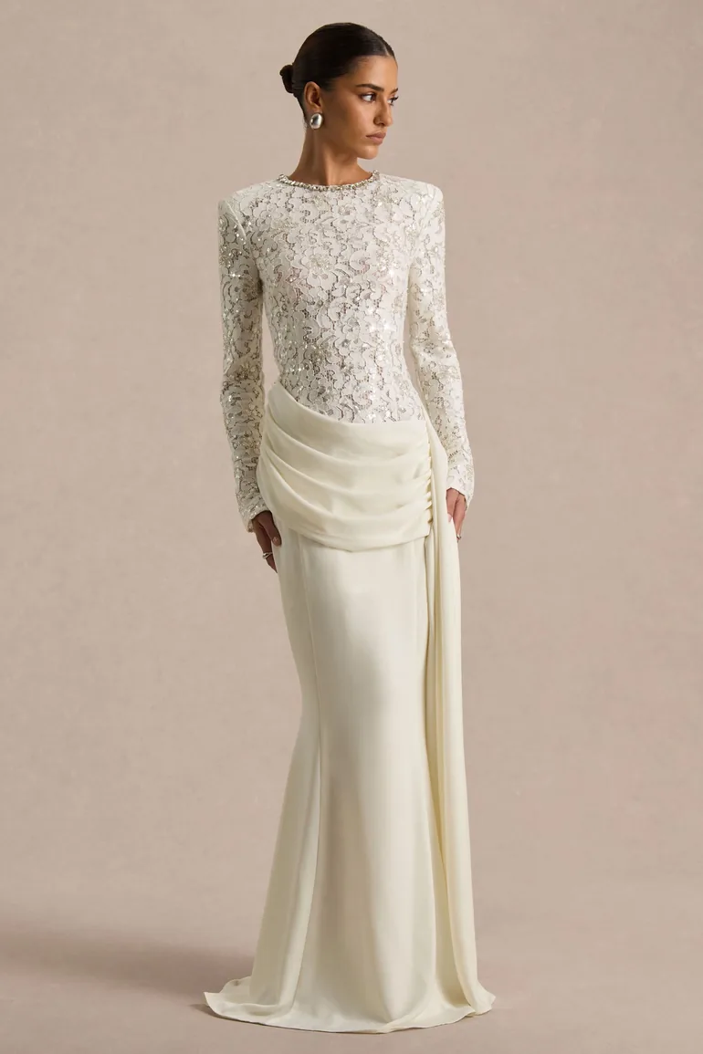 Beau | Ecru Lace Embellished Crew-Neck Maxi Dress With Draped Detail - 1